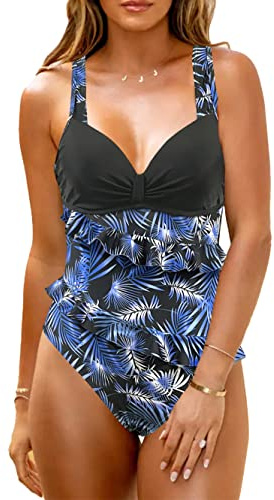 JFAN Baddräkt dam bandeau baddräkt push-up volang magkontroll badkläder, Marinblått tryck, XXL