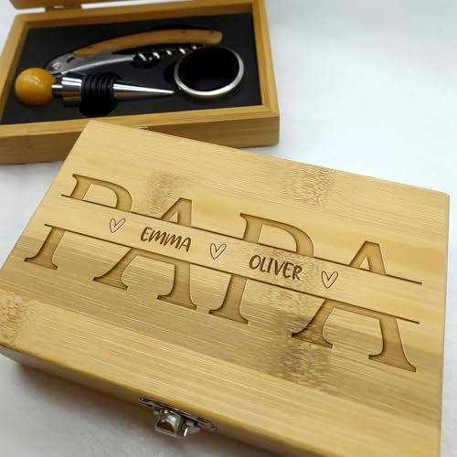 EVYRE | Set de Vino en Caja de Bambú | Personalizado con Nombre | Incluye Sacacorchos, Tapón Y Recogegotas | Regalos Originales, Día del Padre | Regalo Personalizado para Amantes del Vino | Nombre