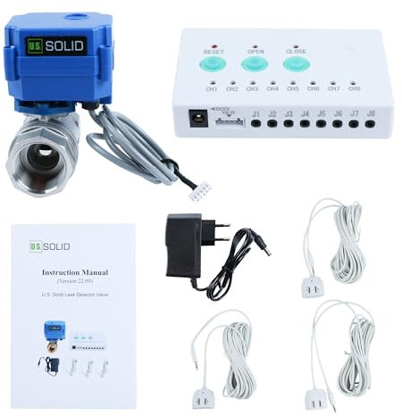 U.S. Solid Wasseraustritt-Detektor - Wasseralarm-Leck-Detektionssystem mit 1-Zoll-Automatik-Abschalteinrichtung, motorisierter Kugelhahn, Steuerung und 3 Sensoren und akustischem Alarm