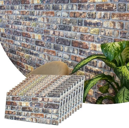 Dundee Deco 3D Wall Panels Faux Brick - Cladding, Multicolored Stone Look Wall Paneling, Styrofoam Facing for Living Room, Kitchen, Bathroom, Balcony, Bedroom, Set of 10, Covers 54 sq ft