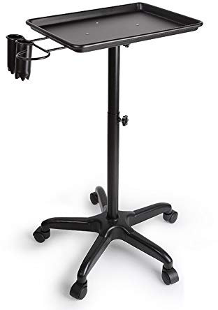 Begoniape Chariot de salon de beauté, plateau noir, colonne en fer, chariot de bureau, chariot cosmétique avec roulettes, cosmétique polyvalent pour salons de beauté, coiffeurs