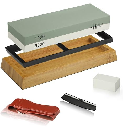 hajegato Sharpening Stone, Kitchen Knife Whetstone with Angle Guide Non-Slip Bamboo Base grit 1000/6000 Japanese Knife Sharpeners, Professional 2-in-1 Wetstone