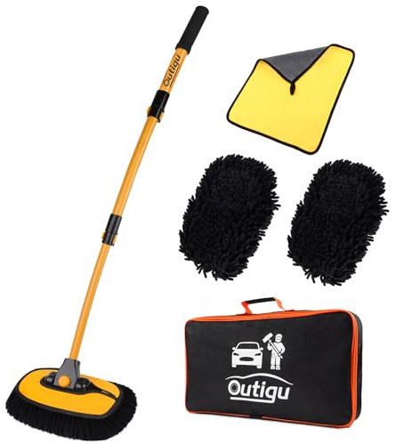 Outigu Car Wash Brush with Telescopic Handle, 3-in-1 Chenille Microfiber Chenille Cleaning Kit for Car, Truck and Home Cleaning, Car Wash Mop with Curved Design Long Handle