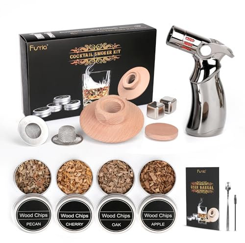 Funria Cocktail Smoker Kit with Upgraded Torch Whiskey Smoker Kit for Bourbon Whisky Drinks with 4 Flavors Wood Chips 2 Ice Cubes Old Fashioned Cocktail Smoker Infuser Kit Gifts for Men Dad(No Butane)