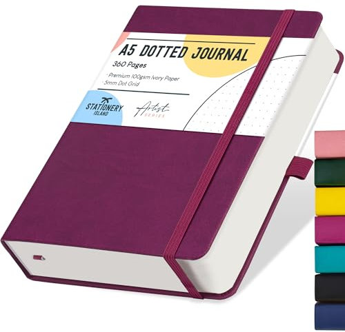 STATIONERY ISLAND Bullet Dotted Journal A5, Notizbuch Dotted, 100 g/m² Dickes Papier, 360 Seiten, Hardcover-Tagebuch mit Stifthalter, Innentasche, 2 Lesezeichen