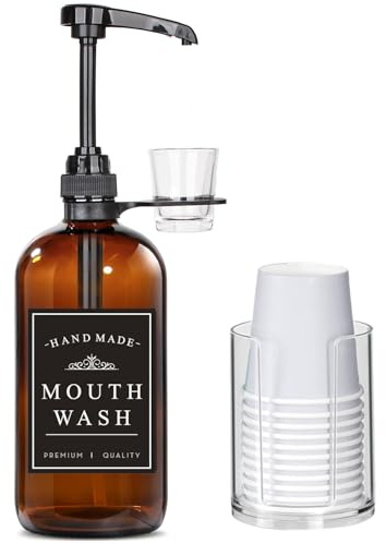 Distributeur de bain de bouche en verre ambré pour salle de bain avec porte-gobelets réutilisables et pompe, gobelet en verre et distributeur de gobelets en papier en plastique transparent inclus