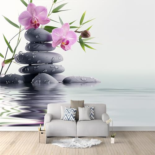 Grå sten växter och orkidéer tema fototapet – 250 x 175 cm icke-vävd premium fleece väggmålning – modernt konsttryck sovrum vardagsrum dekoration affisch