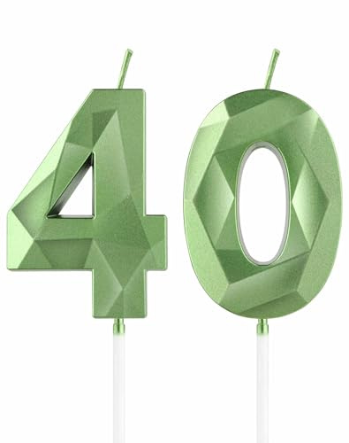 Velas verdes de 40 cumpleaños, velas verdes 3D con número 40 para pasteles, decoraciones de cumpleaños 40 para mujeres y hombres, decoraciones de pastel verde, decoración de pastel de vela verde para