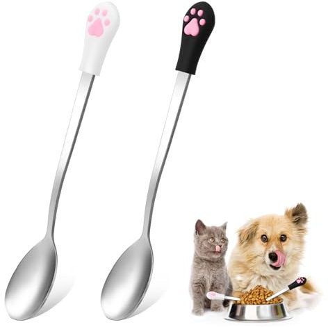 2 Pcs Dog Cat Spoon Pet Can Spoon Stainless Steel Cat Claw Spoon Cat Spoons for Wet Food Long Handle Cat Food Scoop Pet Feeder Spoon for Dog and Cat Food Can (White and Black)