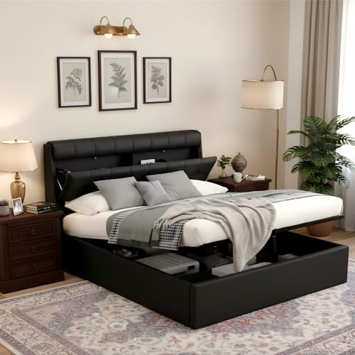 Merax Upholstered Bed Frame with Hydraulic Lift, 4FT6 Double Bed Frame with Concealed Headboard Storage and Bed Box Storage, Functional Ottoman Bed, Elegant PU Finish, Black, 135x190cm