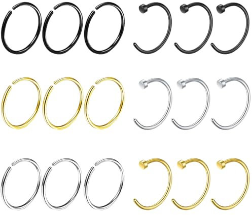 agogue 18 Stück Nasenpiercing Ring, Nasenpiercing Fake Nasenpiercing Nasenringe, Fake Nose Ring Fake Piercing Nasenring Gold, Für Frauen Und Männer Tänze Partys Etc (Schwarz Silbrig Golden)