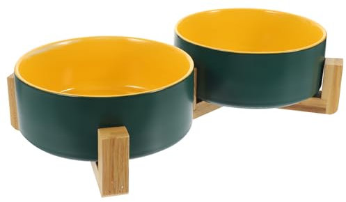 TOBBOMEY Gamelles pour Chats Surélevées Double en Céramique Bicolore avec Support en Bois, Bol d'alimentation Petit Format, Usage Quotidien pour Chatons Et Chats Adultes