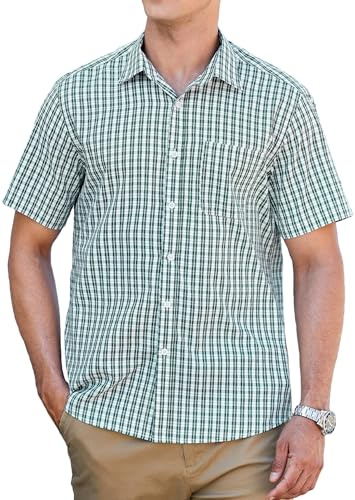 HISDERN Mens Plaid Button Down Shirt Short Sleeve Green Gingham Dress Shirts for Men Formal Business Work with Pocket Regular Fit L