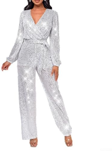 Stylischer Pailletten-Jumpsuit für Damen mit Langen Ärmeln, perfekt für Saisonale Feiern und Partys (M Silber)