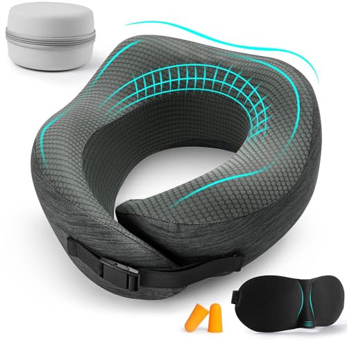 Zouway Nackenkissen Flugzeug, Reisekissen aus 100% Memory Schaum, Verstellbares Kompaktes Nackenhörnchen, Reisekopfkissen für Travel, Auto, Büro Essentials, Ausgestattet mit Ohrstöpsel, Schlafmaske