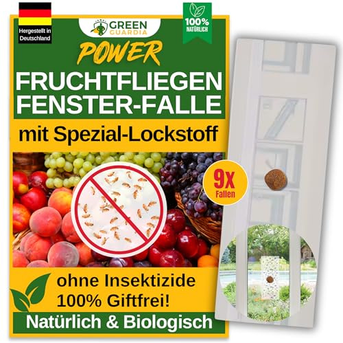 GREEN GUARDIA Fruchtfliegen Fenster-Falle mit Spezial-Lockstoff - 9X Fallen - umweltfreundlich Fruchtfliegen bekämpfen, Chemiefreie Falle mit starker Klebefläche, giftfrei & geruchsneutral