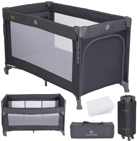 Olmitos - Cuna de Viaje Colecho 3 en 1 Trend Cun con Mosquitera 0-3 años (0-15kg) Plegable, Ligera, Doble Altura, Lateral Abatible, Parque de Juegos y Bolsa de Transporte (Gris Oscuro)