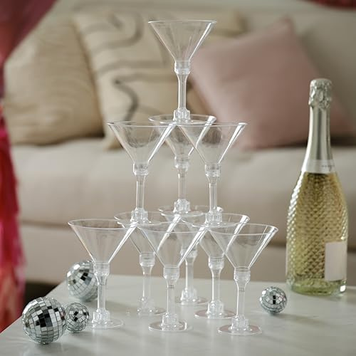 Coupe Glass Tower with Disco Balls – Hen Party Champagne Tower, 10 Glasses and 5 Disco Balls, Perfect for Hen Parties and Cocktail Parties, Durable Clear Plastic Glassware