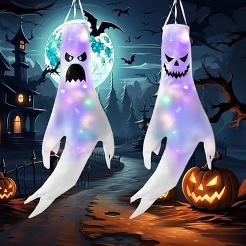 2 Stück Halloween WindsäCke Geist Windsack Geist Garden Dekoration, Mit Farbig Led Lichtern, Geisterflagge Windsocken Geistergesicht, FüR Zuhause, Hof, Terrasse, Garten, Halloween Party Deko