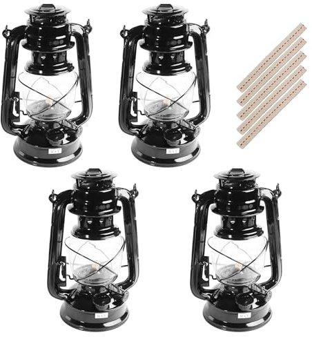4er-Set Retro Öllampen – mit Docht, ohne Strom nutzbar – wetterfest & stilvoll – 24cm hoch – Schwarz oder Weiß – Deko & Notlicht für Garten, Camping & Krisenvorsorge (Schwarz)
