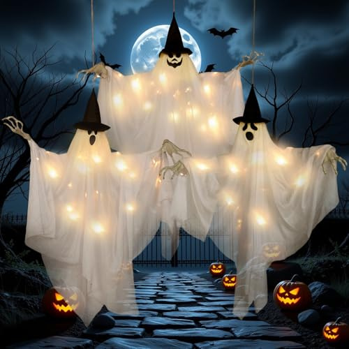 Easy Joy 3er-Set Halloween Deko leuchtende Geister mit Hexenhut | Halloween Decorations mit 3 leuchtenden Geistern je 70 cm für Halloween Party und Deko innen mit Hexenhut und Skelettarmen