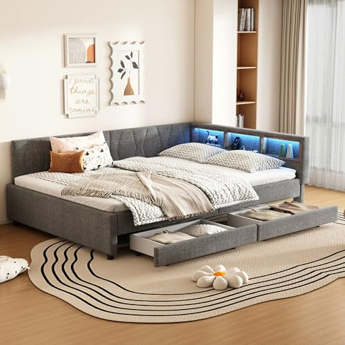 Kebnor Daybett,Schlafsofa, Ablagefach am Bett, USB+Typ C, Fernbedienung für LED-Umgebungslicht, mit Zwei Schubladen, Bett mit Lattenrost (ohne Matratze), Leinen(Grau140*200cm)