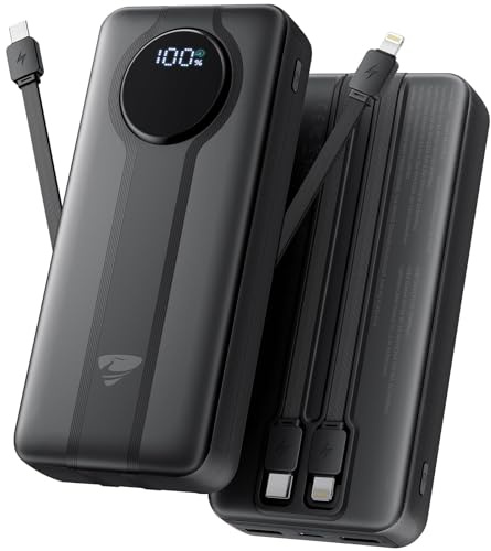 Aioneus Power Bank 20000mAh, Powerbank mit integriertem Kabel, 22,5W Schnellladefunktion, USB-C EIN-/Ausgang, LED-Anzeige, Externe Handyakkus für iPhone 17 16 15 14 13 12 11, Samsung iPad AirPods