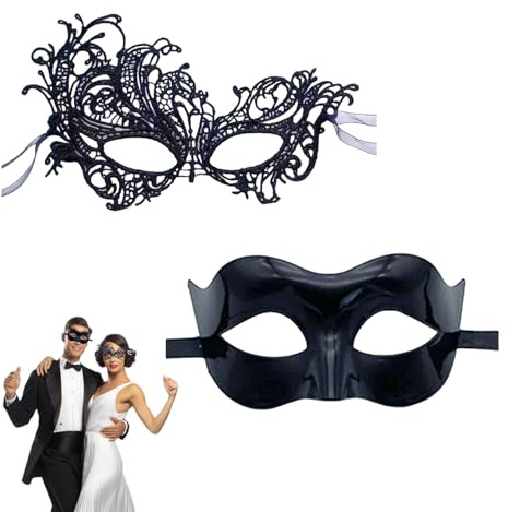 WLVinson 2 Stücke Venezianische Maske Damen,Masquerade Mask Paare,Maskenball Masken Damen Elegant,Black Mask Herren,Sexy Augenmaske,Maskerade Spitzenmaske für Halloween,Karneval Party Kostüm Zubehör