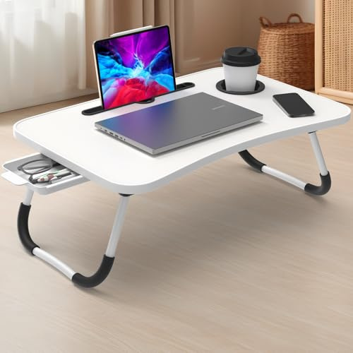 Kidsgigglz Laptoptisch, Laptop Tisch mit Tablethalter, Schublade, Getränkehalter, Betttisch Klappbar für Bett und Sofa, Couch, Boden, Betttablett, Bett Tisch Tragbar(60 x 40 x 28 cm, weiß)