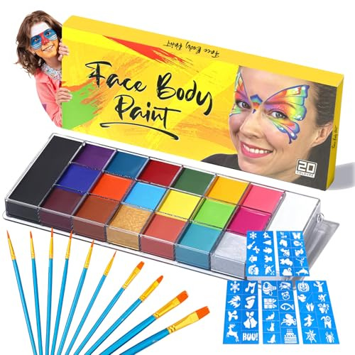20 Couleurs Peinture Corporelle pour Le Visage 10 Pinceaux,Peinture Corporelle pour Le Visage,Palette de Maquillage,Body Painting pour Les Enfants et les Adultes,Palette de Maquillage Théâtre