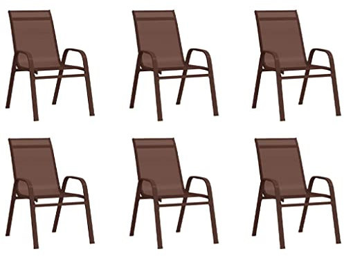 Mandloder Stapelbare Gartenstühle 6er Set Braun, wetterfeste Outdoor Stühle aus Textilene mit pulverbeschichtetem Stahlrahmen für Garten und Balkon, platzsparende Gartenmöbel Hochlehner