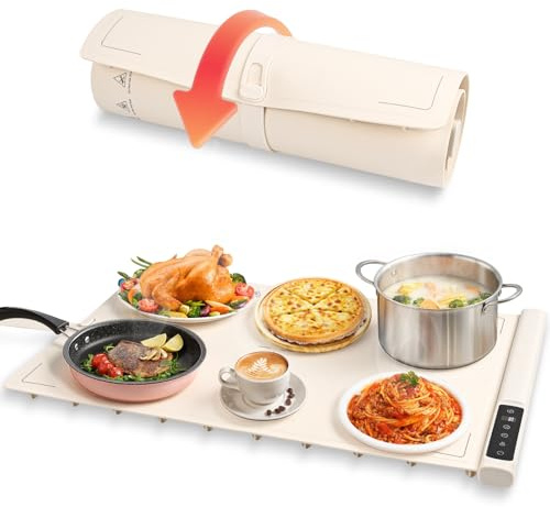 Elektrische Warmhalteplatte für Speisen, GuKKK Faltbare Speisenwärmer mit 9 Einstellbarer Temperatur & 8 Timer Automatisch, Tragbare Lebensmittelheizung mit Kinderschloss, für Partys, Buffets (Beige)
