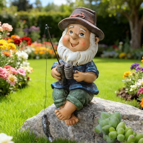 Zuxbolf Statue de Pêche, Statue de Nain de Pêche en Résine Figurines Jardin Pêches Ornement Statues Jardin Exterieur pour Terrasse, Pelouse, Cour, Balcon