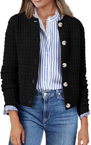 Zeagoo Cárdigan de punto para mujer, manga larga, cuello redondo, botones, chaqueta de punto frontal abierta, suéter elegante para mujer, A-negro., M