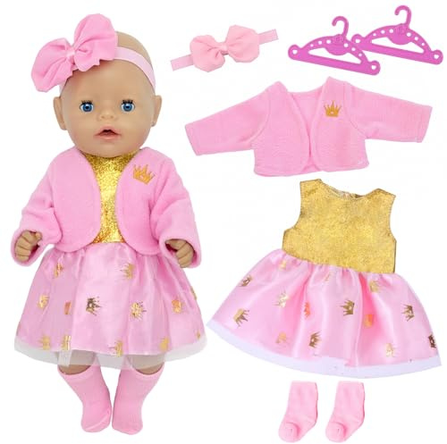 6 teilig Puppenkleidung für 35-43cm Mädchen Puppen Puppenkleider Set mit Krone Mantel Garn Tüllkleid Socken Schmetterlingsstirnband Kleiderbügel für 14-18Zoll Puppensachen Geburtstagsgeschenk (Rosa)