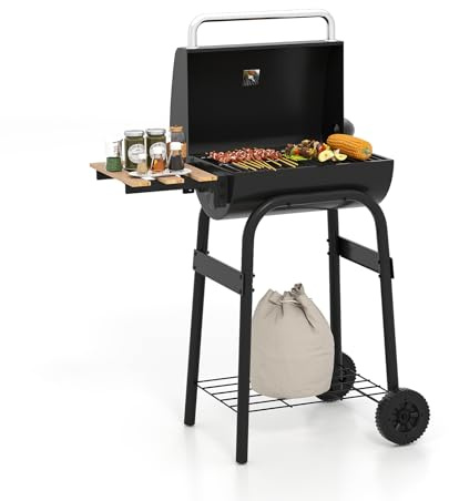 GYMAX Parrilla de Carbón, Parrilla de Barbacoa con Termómetro, Ventilación de Aire, Chimenea, Mesa Plegable, Tapa y Rejillas, Carro Móvil para Barbacoa con 2 Ruedas para Jardín, Camping