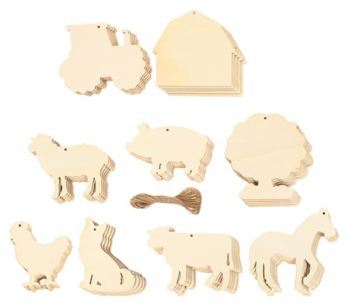 Joinpaya 45 Stück Blanko Holzscheiben zum Bemalen, Bauernhof Tiere Holzanhänger Set, Unbehandelte Holzstücke für DIY Basteln, Kindergeburtstag Deko und Personalisierte Geschenkanhänger mit Hanfseil
