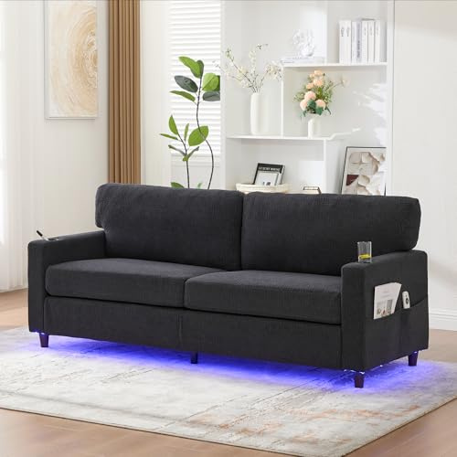 FammyLoft Sofa 2 Sitzer, Eckcouch mit USB-C, Cloud Couch mit LED-Ambiente, Getränkehaltern und Seitentaschen, Holz/Metall-Rahmen mit Komfortschaum für Wohnzimmer, Schlafzimmer, Dunkelgrau