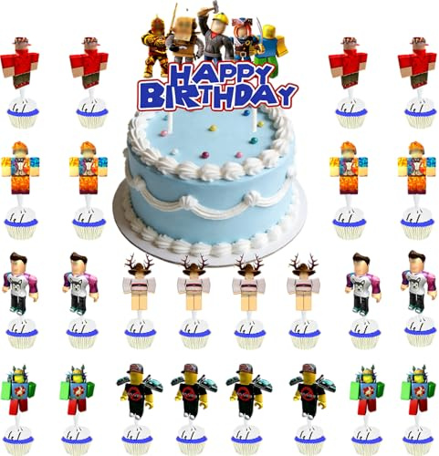 25PCS Rob Cake Topper Geburtstag, Tortendeko Party, Deko Geburtstag, Inklusive 1 Großer Torten Topper & 24 Cupcake Spieße, Deko Für Kuchen, Muffins & Torten