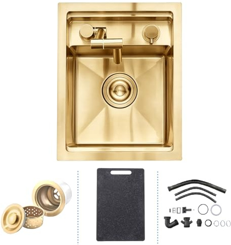 Fregadero de Cocina Oro, Fregadero de Bar de Cocina Oculto con Grifo, 1 Lavabo Empotrado Acero Inoxidable, Oro, Rectangular, Para Empotrar Fregadero de Cocina Individual 30x45x22cm
