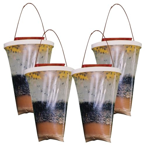 Ensemble de 4 pièges à Mouches Suspendus pour l'extérieur, piège à Mouches Vivant avec récipient d'attractif, piège à Insectes d'extérieur