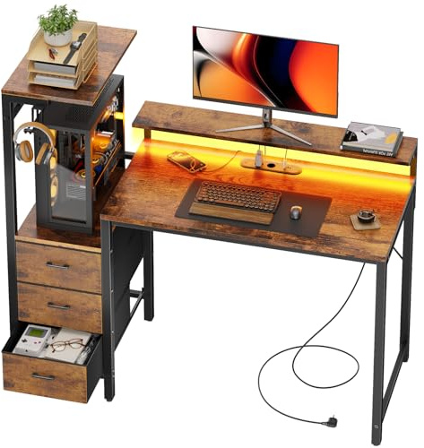 SOLAVERO Escritorio Gaming con LED y Enchufe Integrado, 112cm Mesa Gaming Reversible con Estanteria & Cajones de Tela, Mesa Ordenador con Soporte para Monitor y Gancho para Auriculares, Marrón Vintage