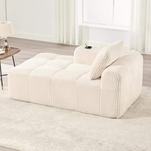 MODENVIE Cord Chaiselongue Lounge-Sessel mit Liegefunktion, Recamiere ohne Montage vakuumiert, Knochenloses Cloud Sofa mit Getränkehalter & Seitentasche, Modulares Polstersofa für Wohnzimmer,Beige