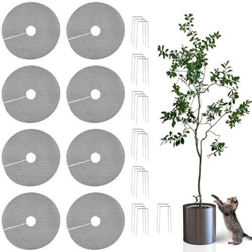 XZHDNLY Protector de Macetas Antigato Set 8 Unidades, Malla Transpirable Recortable, Evita Excavación Gatos En Tierra, Accesorio Interior con 20 Grapas Fijación