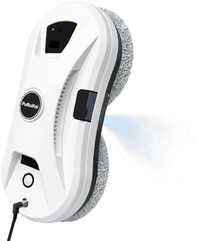 PuRuiKai Robot Lavavetri Automatico | 5600Pa Aspirazione, Spruzzo Acqua, 3 Modalità di Pulizia, Telecomando per Finestre e Superfici Lisce (White HCR-11)