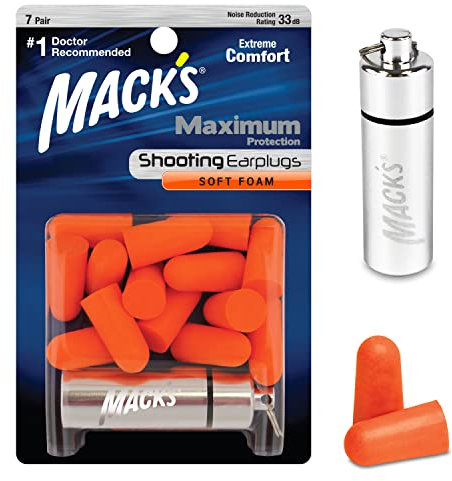 Mack's Maximum Protection Soft Foam Shooting Ear Plugs - 7 Pair Plus Travel Case, 33 dB Highest NRR – Comfortable Earplugs for Hunting, Tactical, Target, Skeet and Trap Shooting | Made in USA