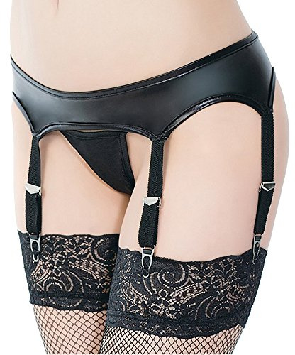 lau-fashion Damen Lack Leder Strapse Halter Strumpfgürtel Dessous Schwarz mit String Gogo S/XL Größe S/M