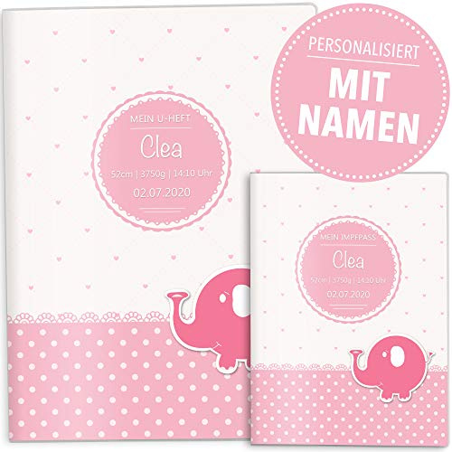 OLGS U-Heft Hülle SET rosa Herzchen Elefant Untersuchungsheft Hülle & Impfpasshülle schöne Geschenkidee personalisierbar mit Namen und Geburtsdatum (U-Heft Hüllen Set personalisiert, Elefant)