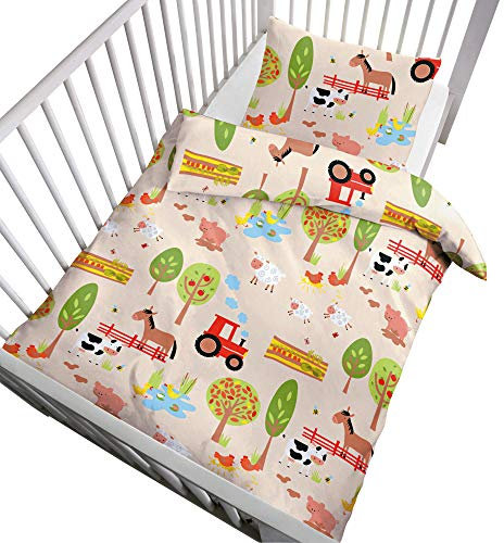 Erwin Müller Kinder-Bettwäsche - mit Reißverschluss - Biber - hautsympathisch - Bauernhof - Natur/grün - 100x135 cm (40x60 cm) - 100% Baumwolle