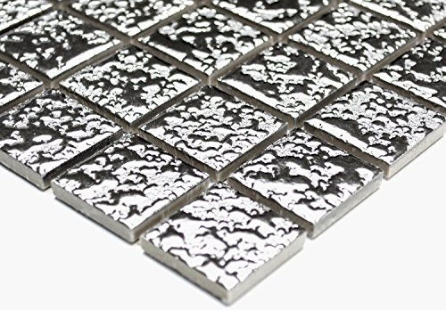 Mosaik Quadrat uni silber gehämmert Keramik Mosaik, Mosaikstein Format: 25x25x6 mm, Mattengröße: 330x302 mm, 1 Mosaikmatte